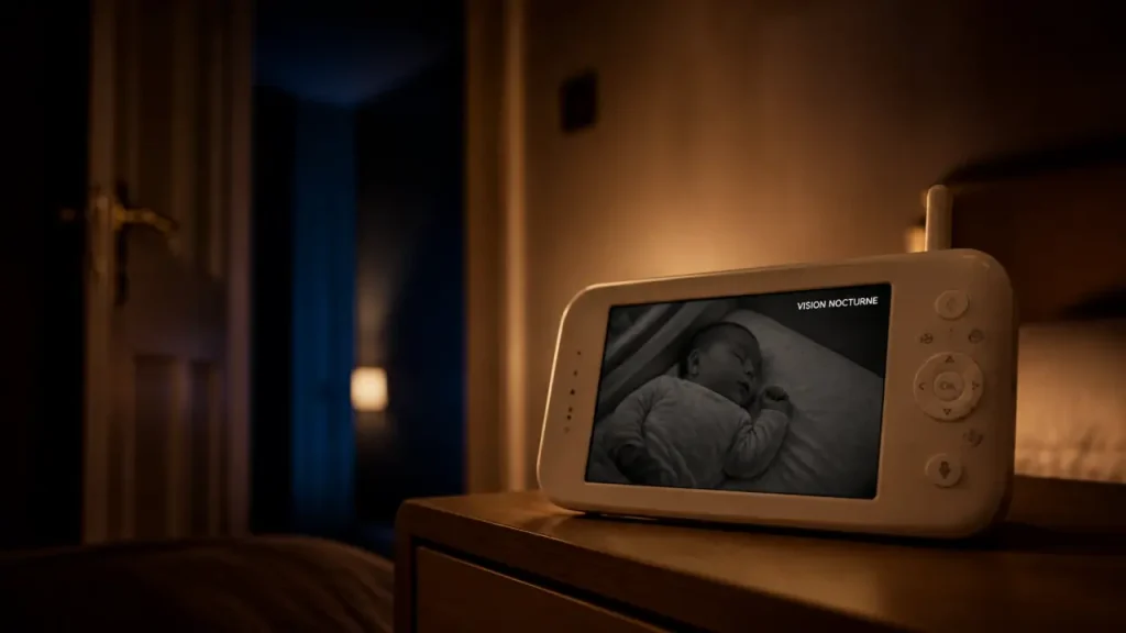 Bebe visiophone en mode vision nocturne, écran allumé