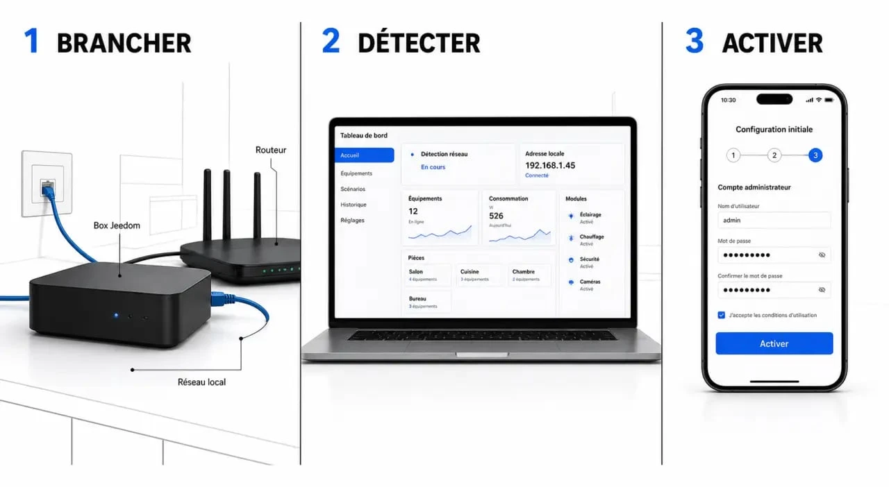 Mise en route d’une box jeedom avec connexion réseau local et activation initiale