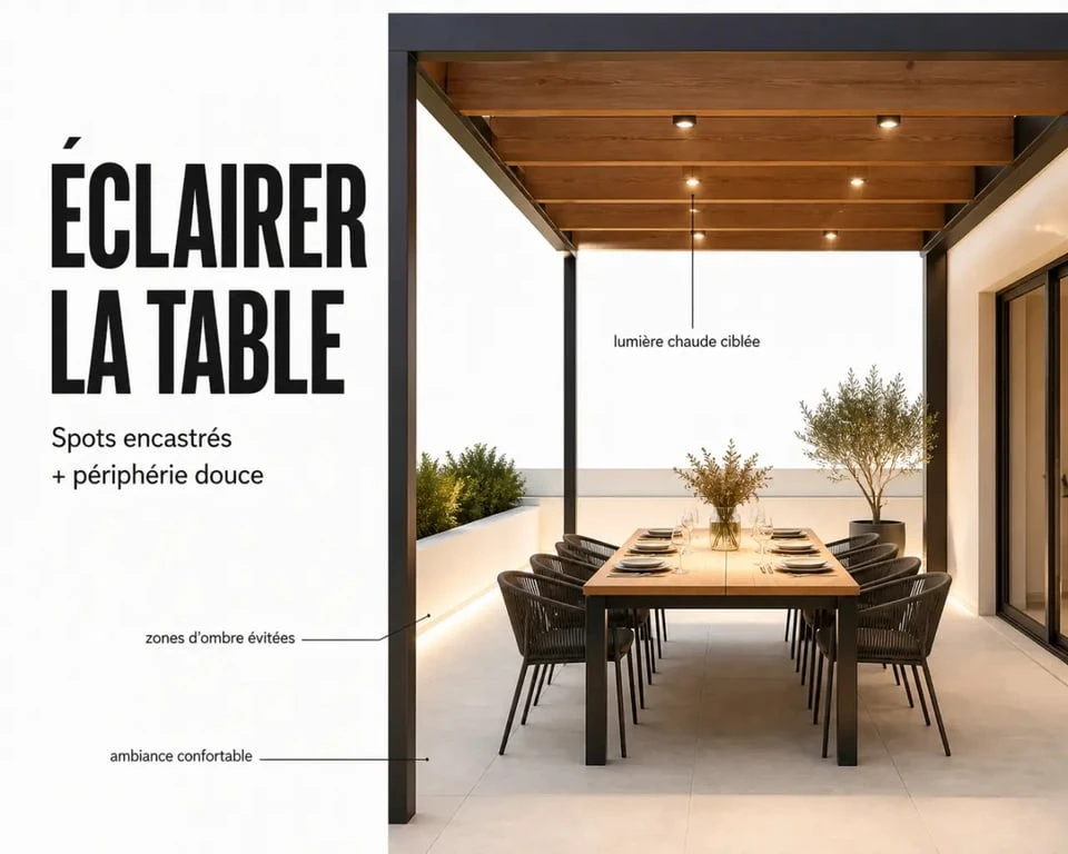 Éclairer une pergola pour un repas avec des spots LED encastrés et une lumière bien répartie