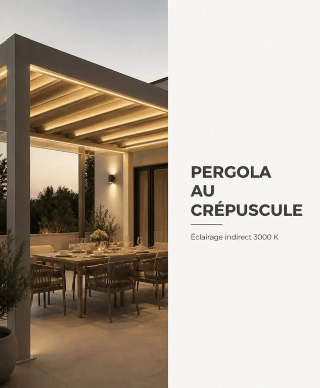 Éclairer une pergola avec des rubans LED indirects sous une pergola de terrasse au crépuscule