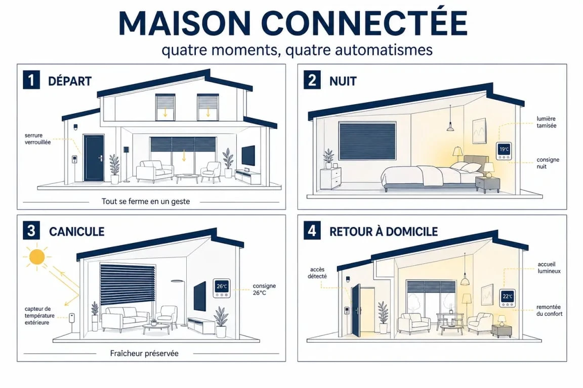 Confort et domotique : maison connectée avec scénarios départ, nuit et canicule