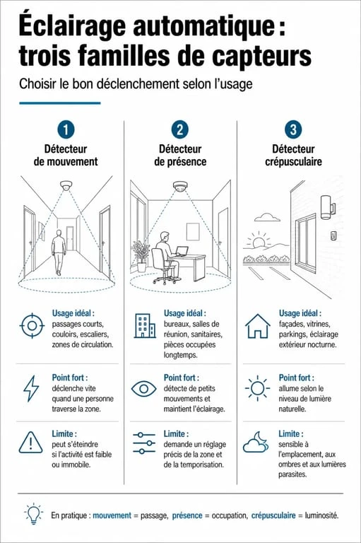 Détecteur de mouvement éclairage : infographie comparative entre mouvement, présence et crépusculaire