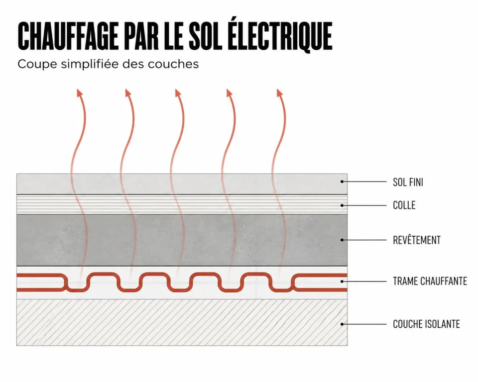 Schéma simplifié du chauffage par le sol electrique sous le revêtement