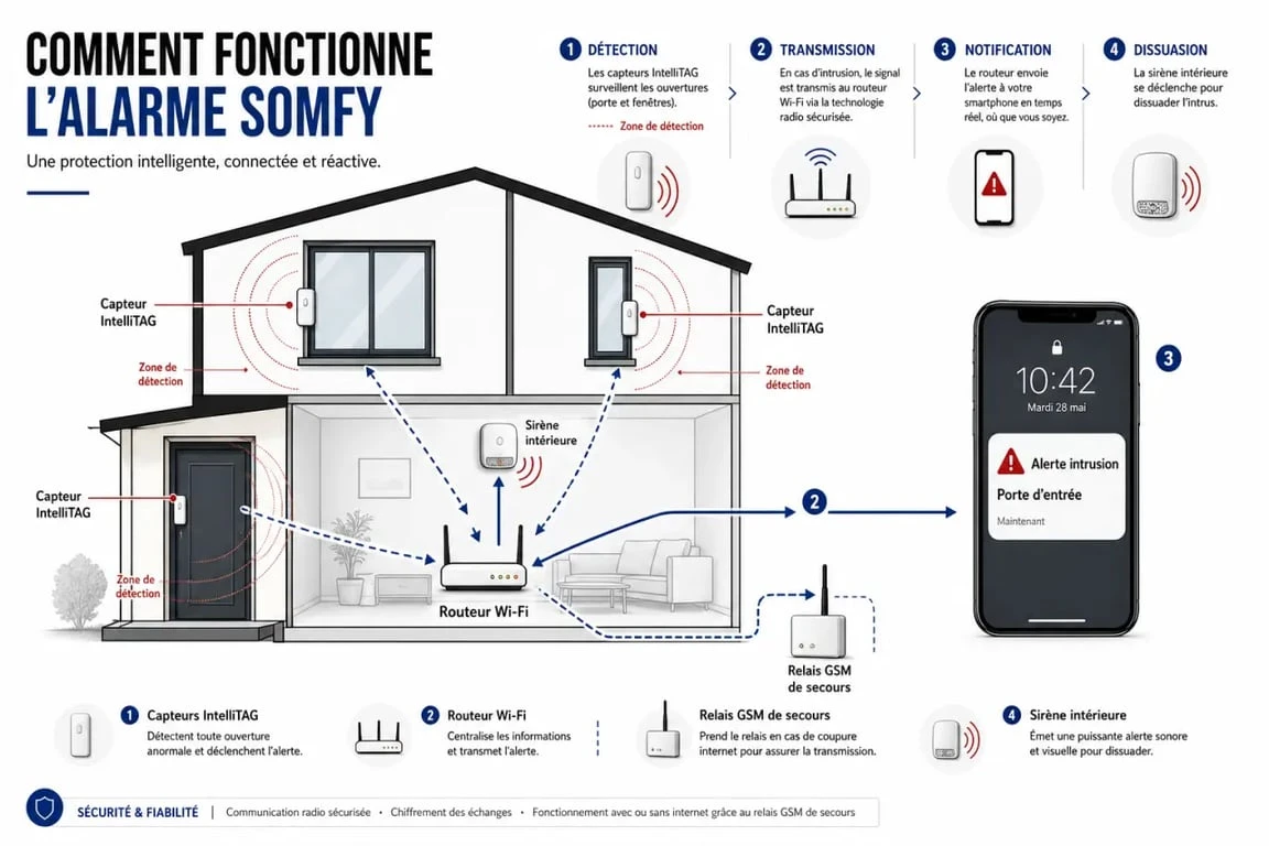 Avis alarme Somfy : schéma des fonctions Wi‑Fi, GSM et Intellitag dans une maison