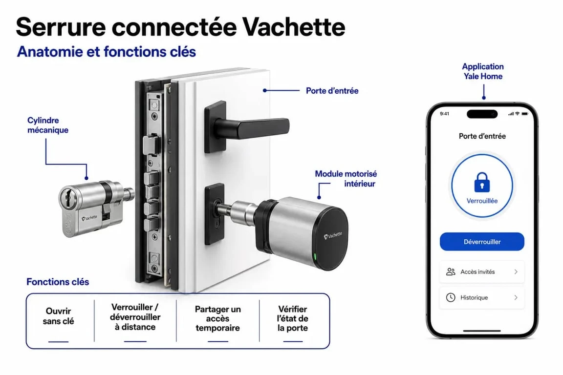 Schéma de serrure connectée vachette avec cylindre mécanique, application Yale Home et accès sans clé