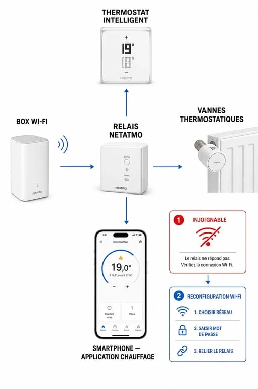 Schéma du relais netatmo relié au Wi‑Fi, au thermostat et à l’application