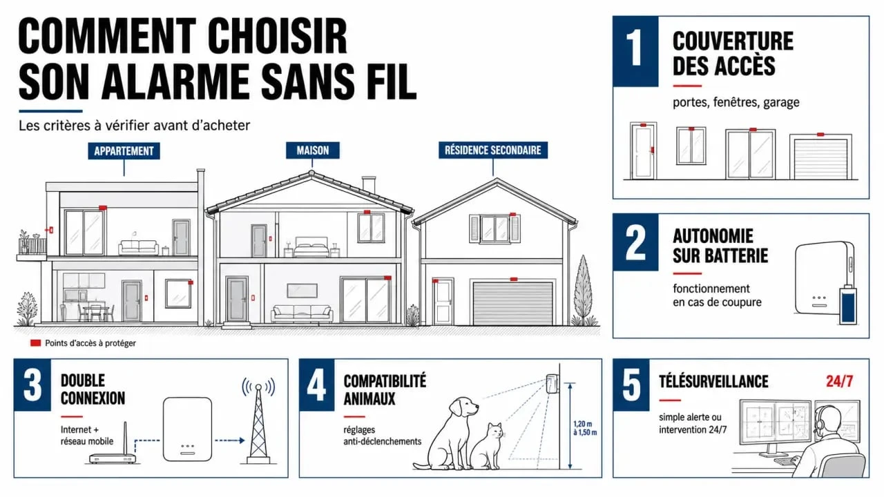 Comment choisir son alarme sans fil : infographie des critères essentiels selon le logement