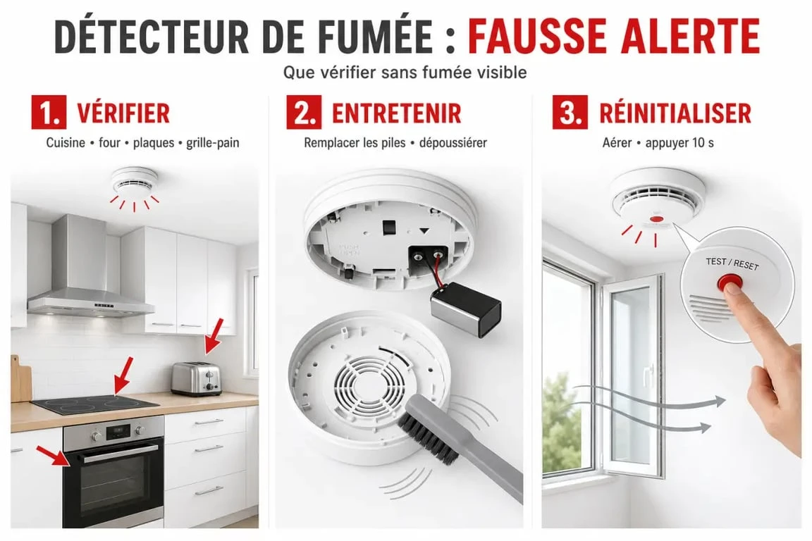 Alarme incendie qui sonne sans raison : vérification du danger, piles, poussière et réinitialisation