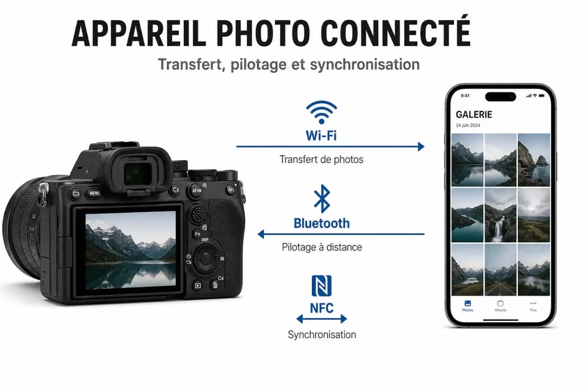 Appareil photo connecté relié à un smartphone avec Wi‑Fi, Bluetooth et NFC