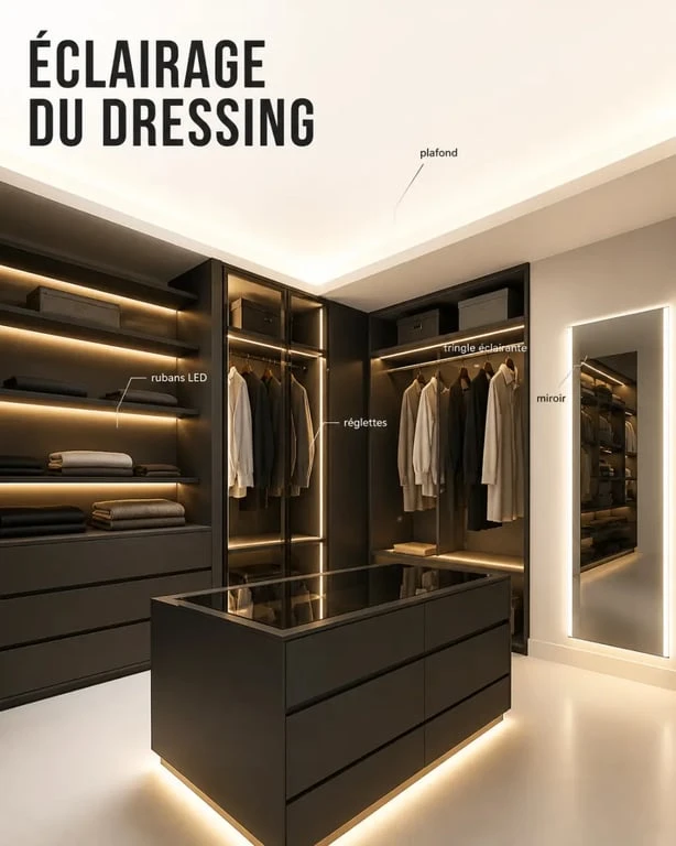 Éclairer un dressing avec spots LED, rubans sous étagères et tringle éclairante dans un dressing moderne