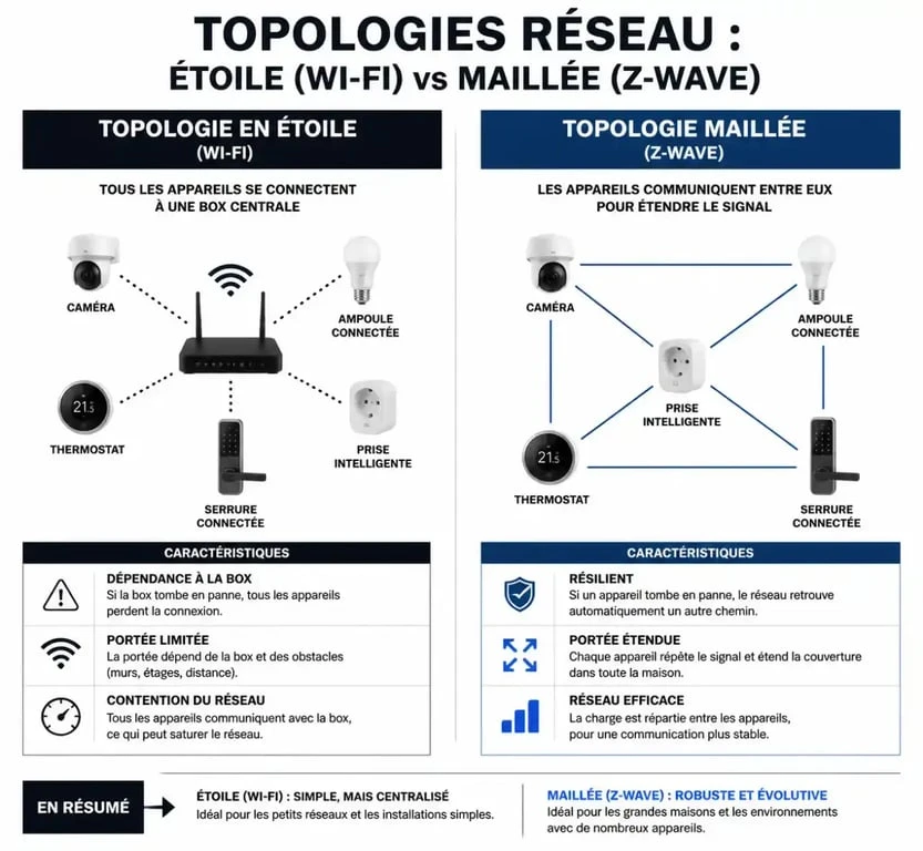 Schéma comparatif entre réseau Wi-Fi en étoile et réseau maillé Z-Wave pour la domotique
