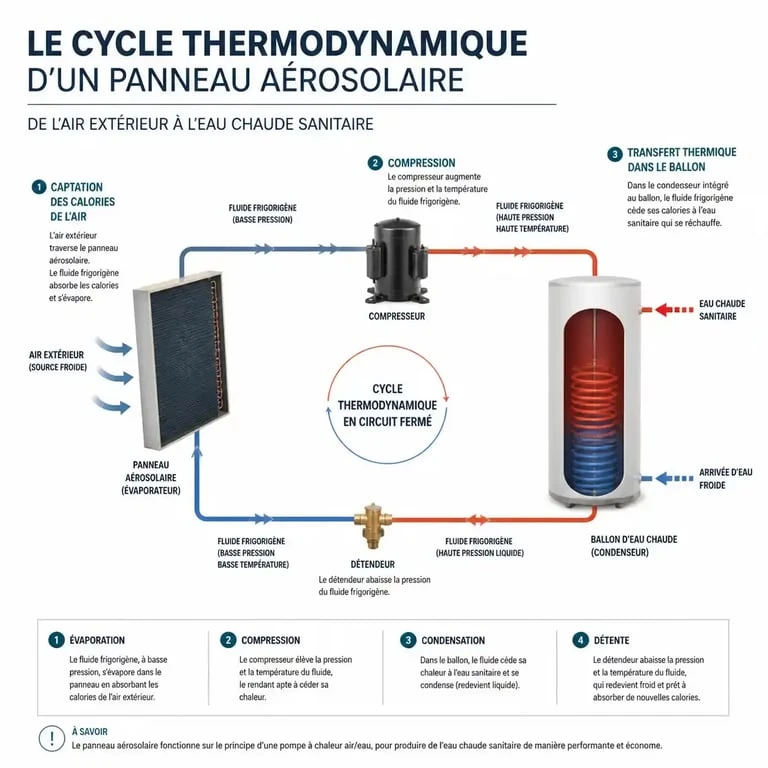 Fonctionnement d'un panneau thermodynamique pour la production d'eau chaude sanitaire