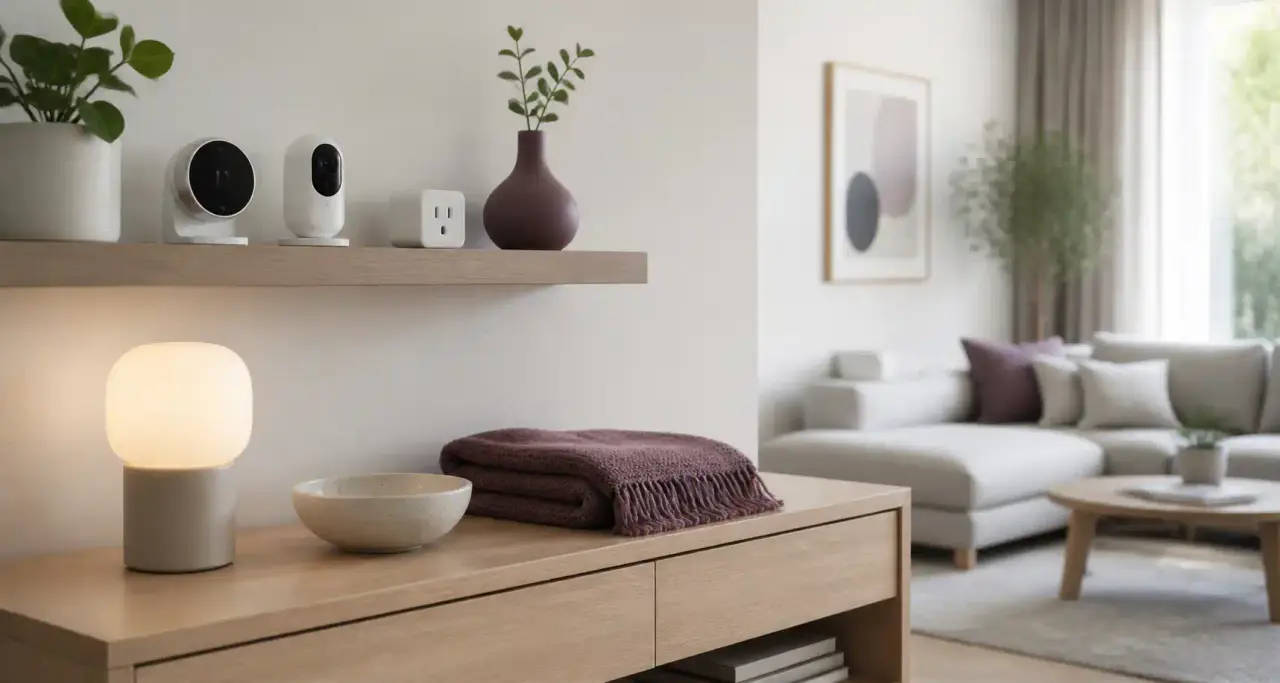 Salon moderne avec thermostat, caméra et ampoule connectés posés sur une étagère