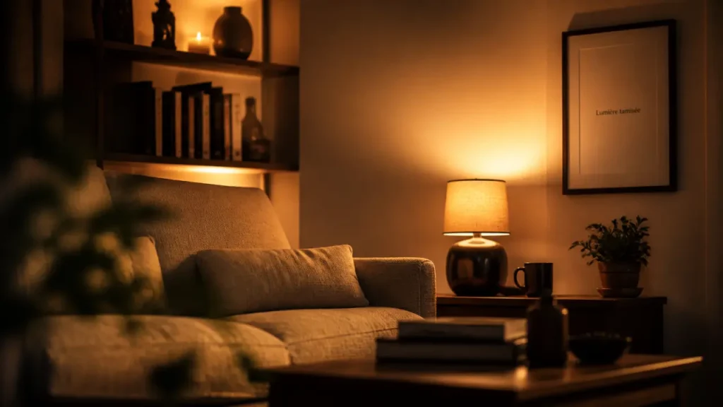 Lumière tamisé dans un salon : lampe ambrée 2200K, sans éblouissement