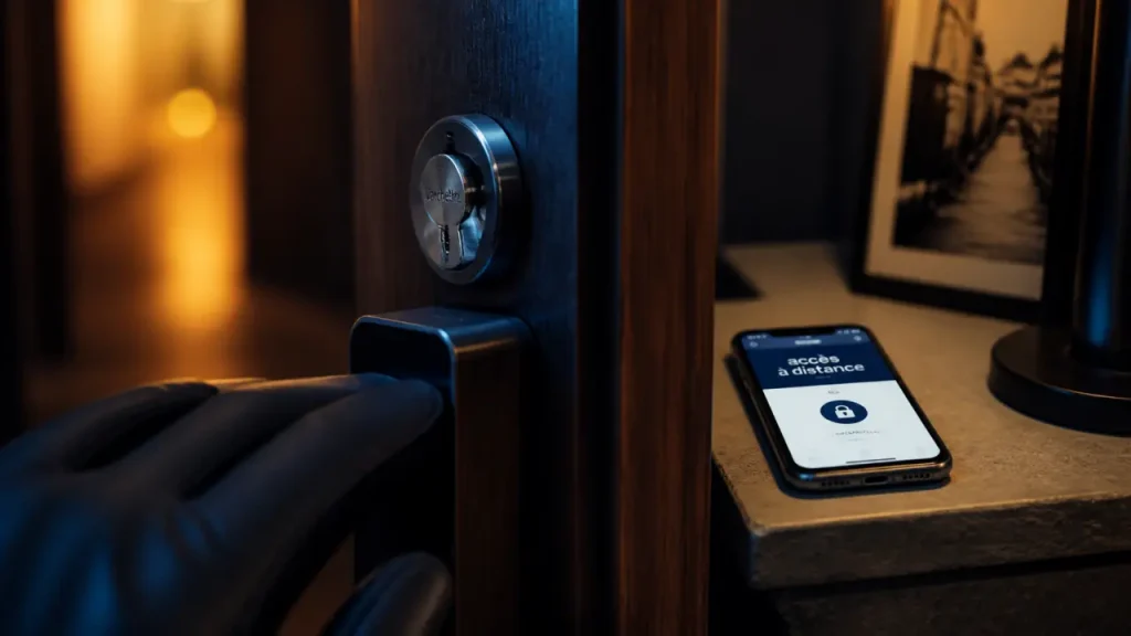 Serrure connectée Vachette sur porte, accès sans clé via smartphone