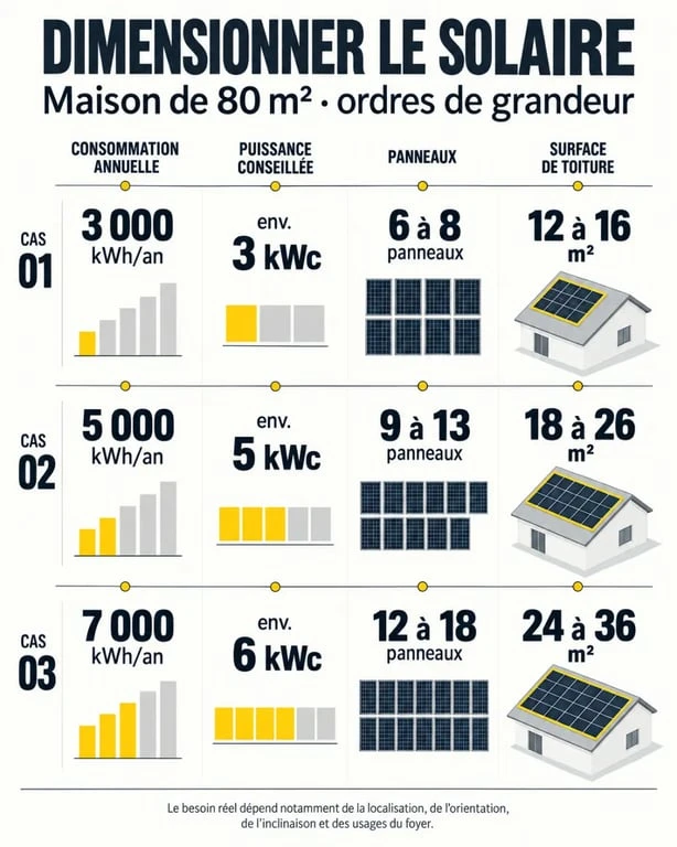 Infographie combien de panneau solaire pour une maison de 80m2 selon la consommation annuelle