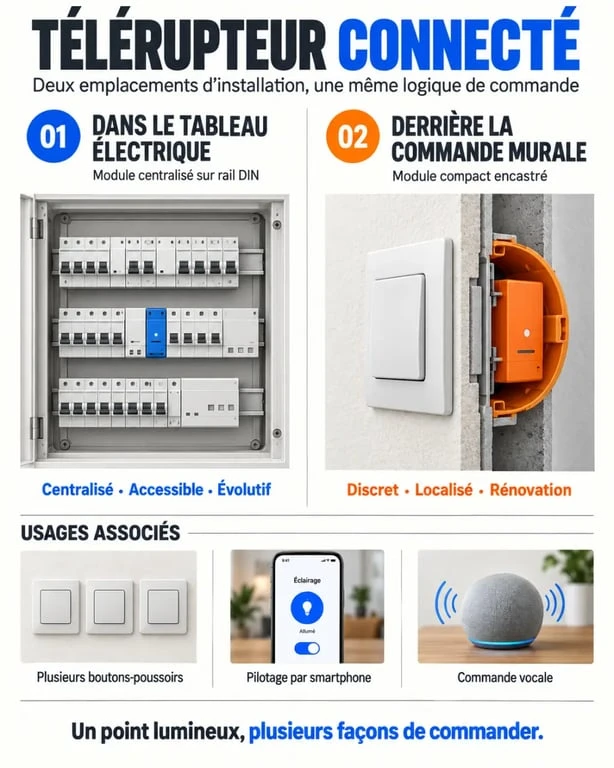 Infographie sur les emplacements d'installation d'un télérupteur connecté au tableau électrique ou derrière un interrupteur