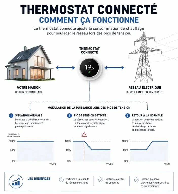 Schéma explicatif du fonctionnement d'un thermostat connecté gratuit et effacement diffus