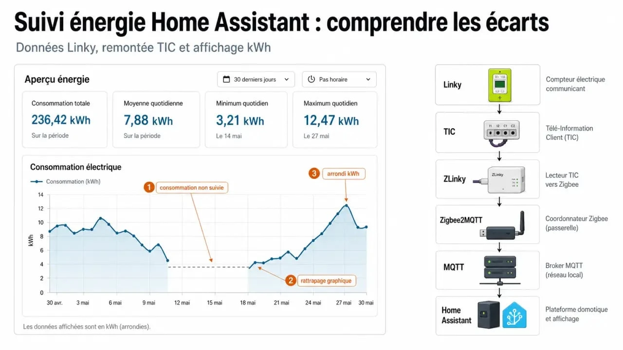 Home Assistant energy consommation non suivie zlinky : schéma de diagnostic et courbe annotée