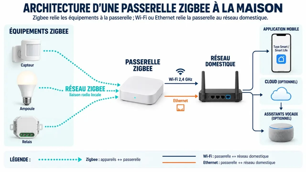 Schéma de fonctionnement d’une passerelle zigbee tuya entre les appareils Zigbee, le réseau domestique et l’application Smart Life