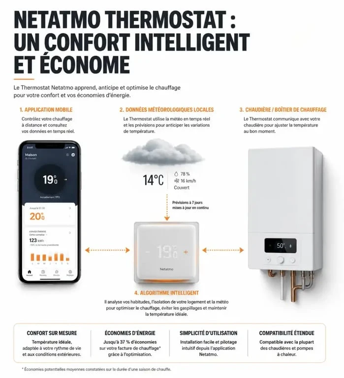 Schéma de fonctionnement du thermostat Netatmo pour économiser l'énergie