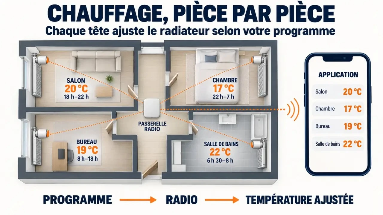 Schéma du fonctionnement de têtes thermostatiques connectées pièce par pièce