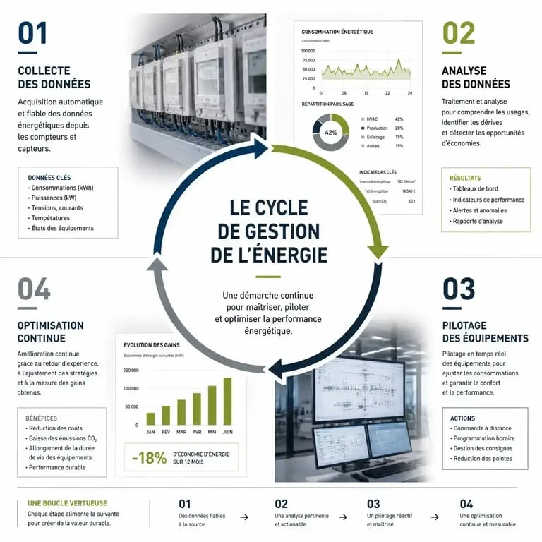 Schéma du cycle de gestion de l'énergie pour l'optimisation des consommations