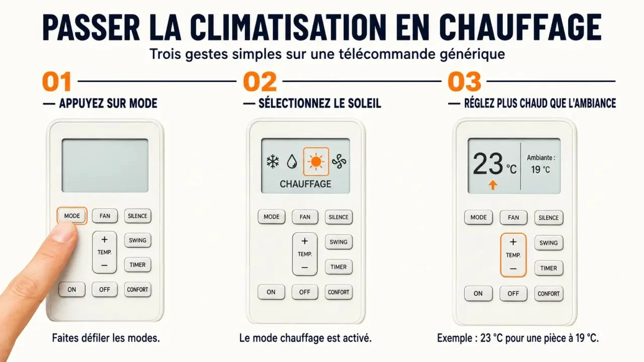 Illustration du mode Heat clim sur une télécommande avec symbole soleil et réglage de température