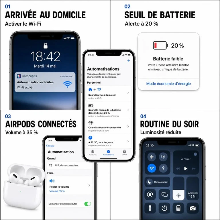 Les automatisation utile pour iphone : quatre routines quotidiennes pour Wi‑Fi, batterie, AirPods et luminosité