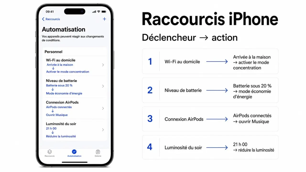 Les automatisation utile pour iphone : schéma des déclencheurs et actions dans Raccourcis sur iPhone