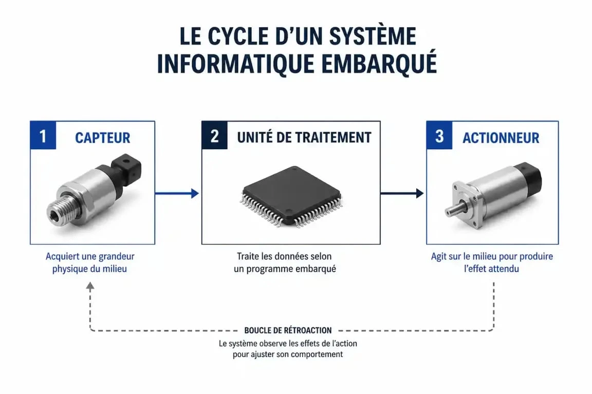 Schéma du cycle informatique embarquée capteur traitement actionneur