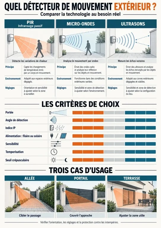 Infographie comparative pour choisir le meilleur détecteur de mouvement extérieur selon la technologie, la portée et l’indice IP