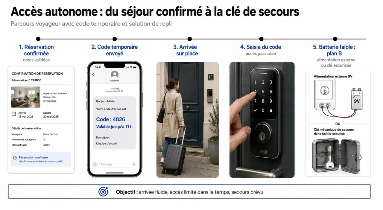 Serrure connectée Airbnb : schéma des codes temporaires, de l’arrivée autonome et de la solution de secours