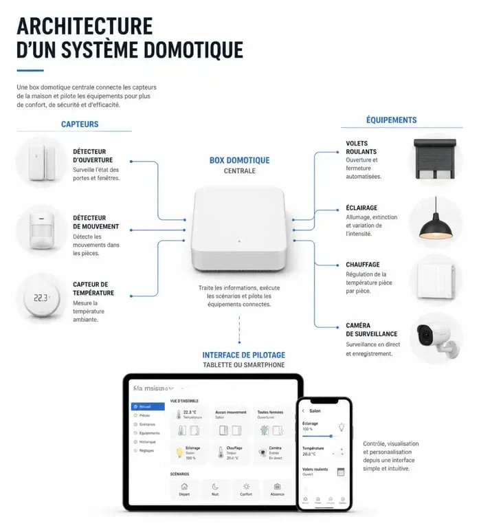Schéma de fonctionnement d'une application domotique reliant box, capteurs et équipements connectés