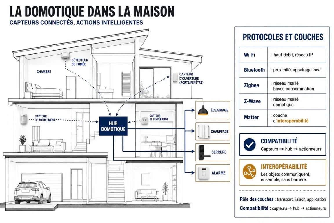 Schéma du home automation montrant capteurs, hub, actionneurs et protocoles