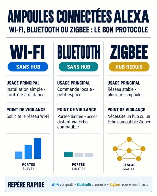 Infographie comparative des protocoles pour ampoules connectées Alexa : Wi-Fi, Bluetooth et ZigBee