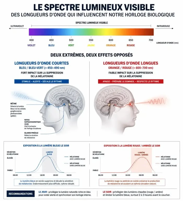 Infographie sur l'impact de la meilleure couleur pour dormir LED sur la mélatonine