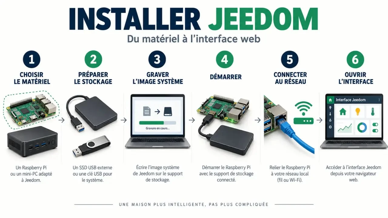 Illustration du parcours jeedom install et des étapes d’installation de Jeedom sur Raspberry Pi ou mini-PC