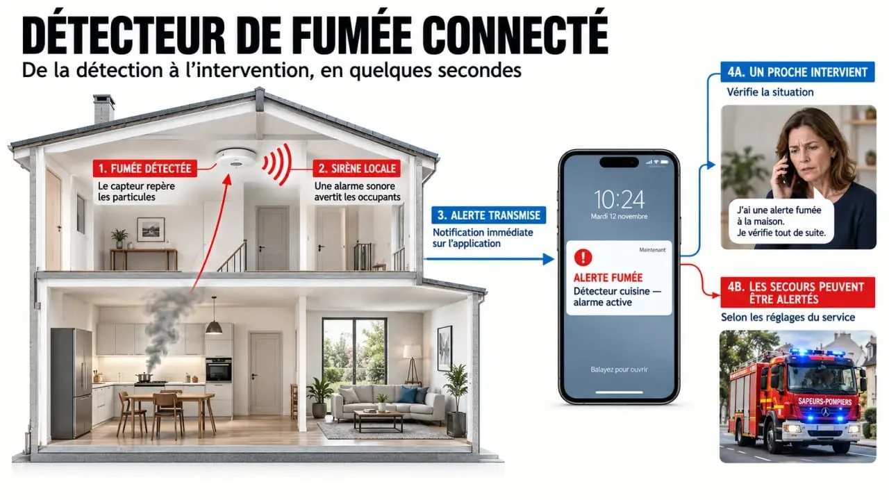 Fonctionnement d’un détecteur de fumée connecté avec sirène locale et alerte smartphone