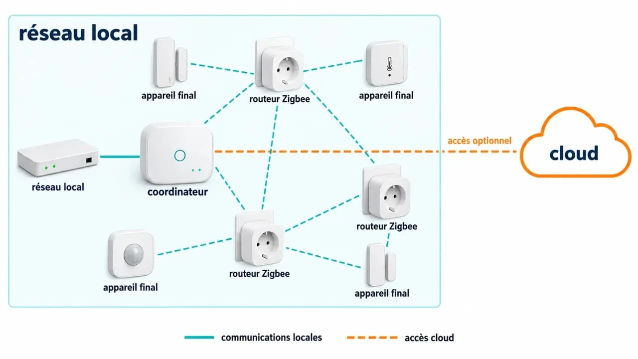 Schéma d’une zigbee gateway avec coordinateur, routeurs Mesh et appareils finaux