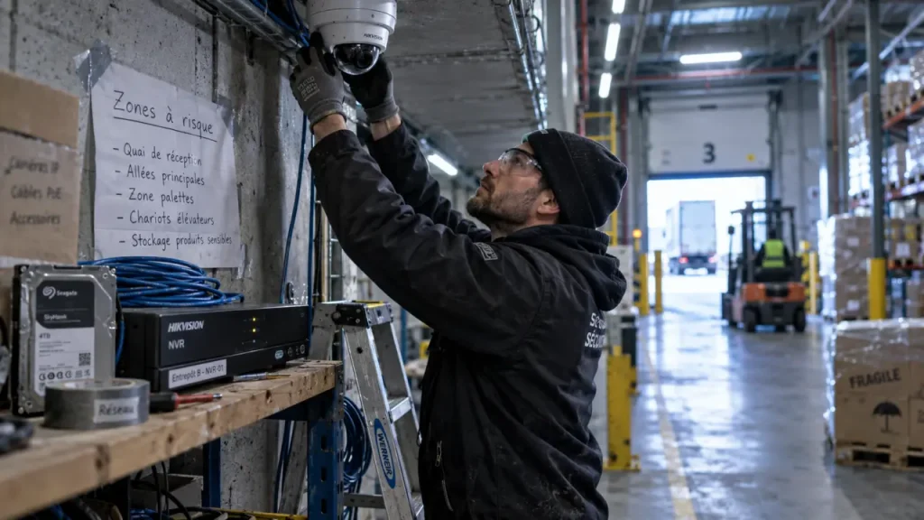 Caméra de surveillance professionnelle PoE IP installée au plafond d’un entrepôt