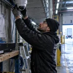 Caméra de surveillance professionnelle PoE IP installée au plafond d’un entrepôt