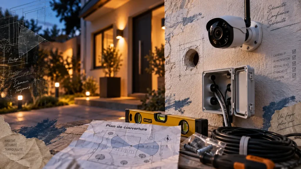 Comment installer une caméra de surveillance : caméra IP, câble et boîtier étanche sur façade