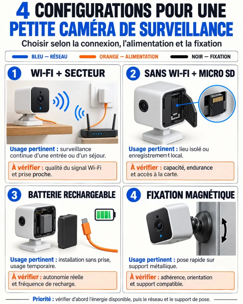Infographie des configurations d’une petite caméra de surveillance selon l’alimentation, le Wi-Fi, le stockage et la fixation