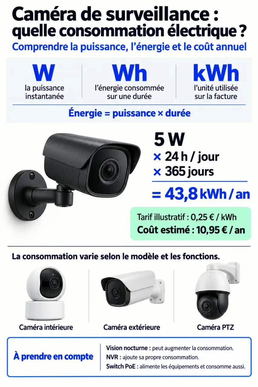 Infographie sur la consommation électrique d'une caméra de surveillance en watts, kWh et coût annuel