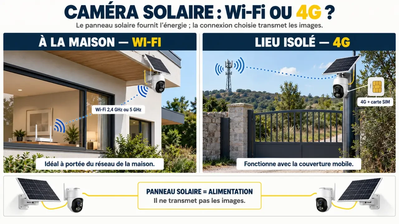 Infographie sur le fonctionnement d’une caméra de surveillance solaire Wi-Fi ou 4G