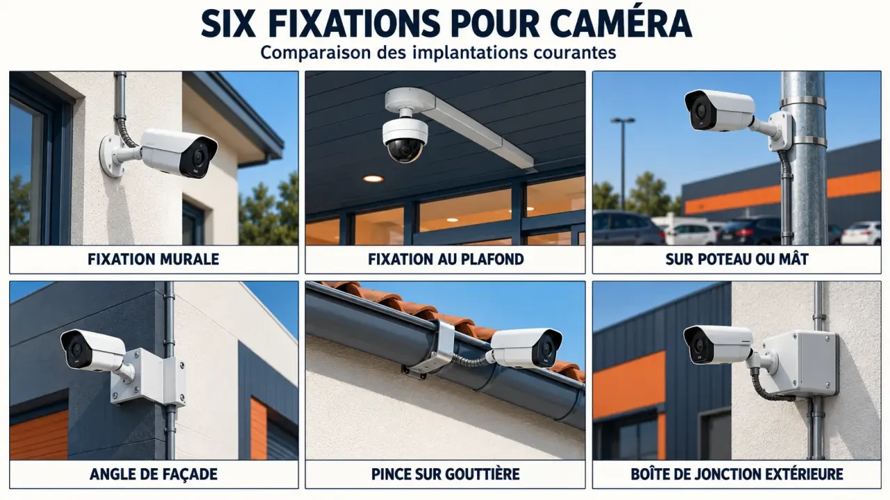 Support caméra surveillance : configurations murale, plafond, poteau, angle, gouttière et boîte de jonction