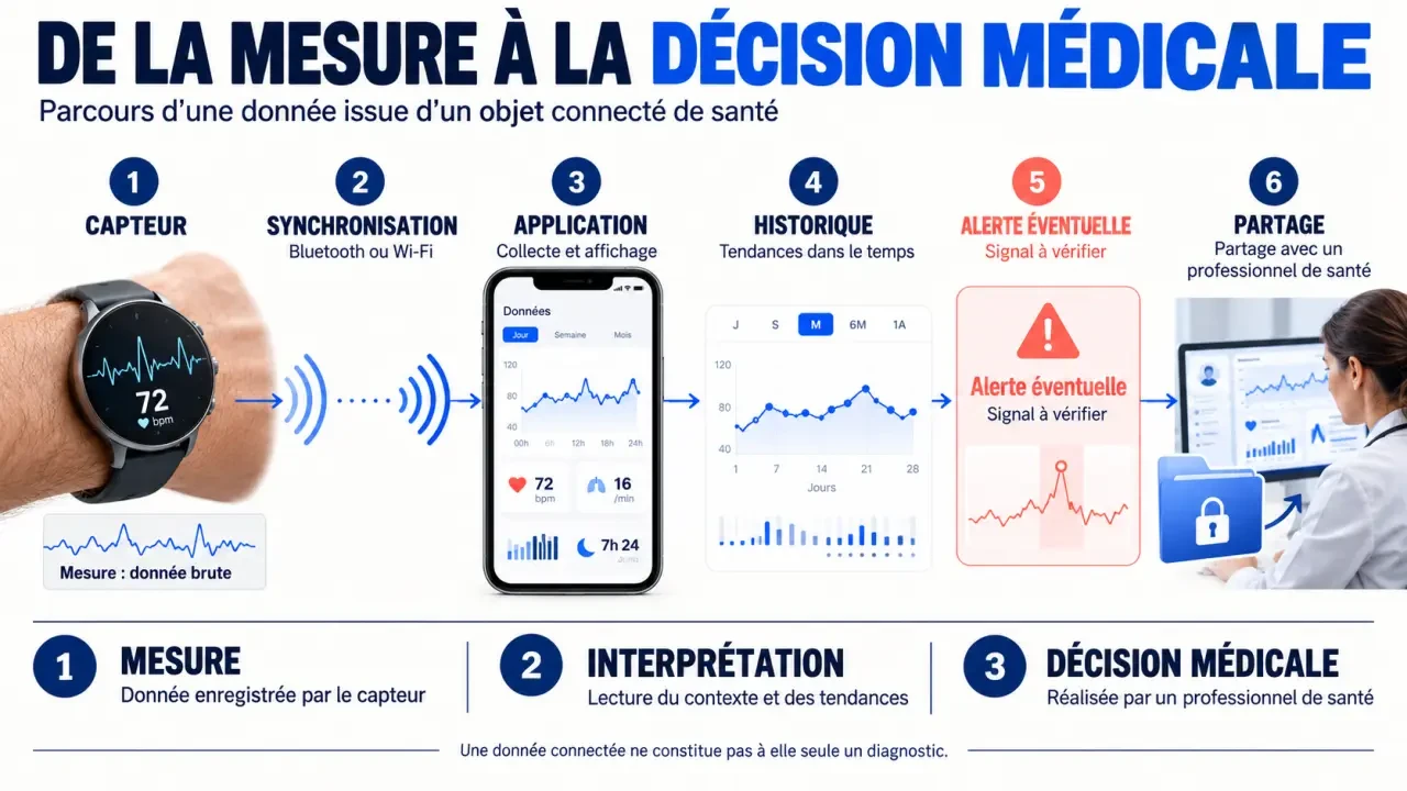 Schéma du fonctionnement d’un objet connecté santé, du capteur au partage avec le professionnel