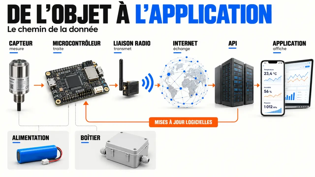 Schéma de conception objet connecté montrant le chemin de la donnée du capteur à l’application