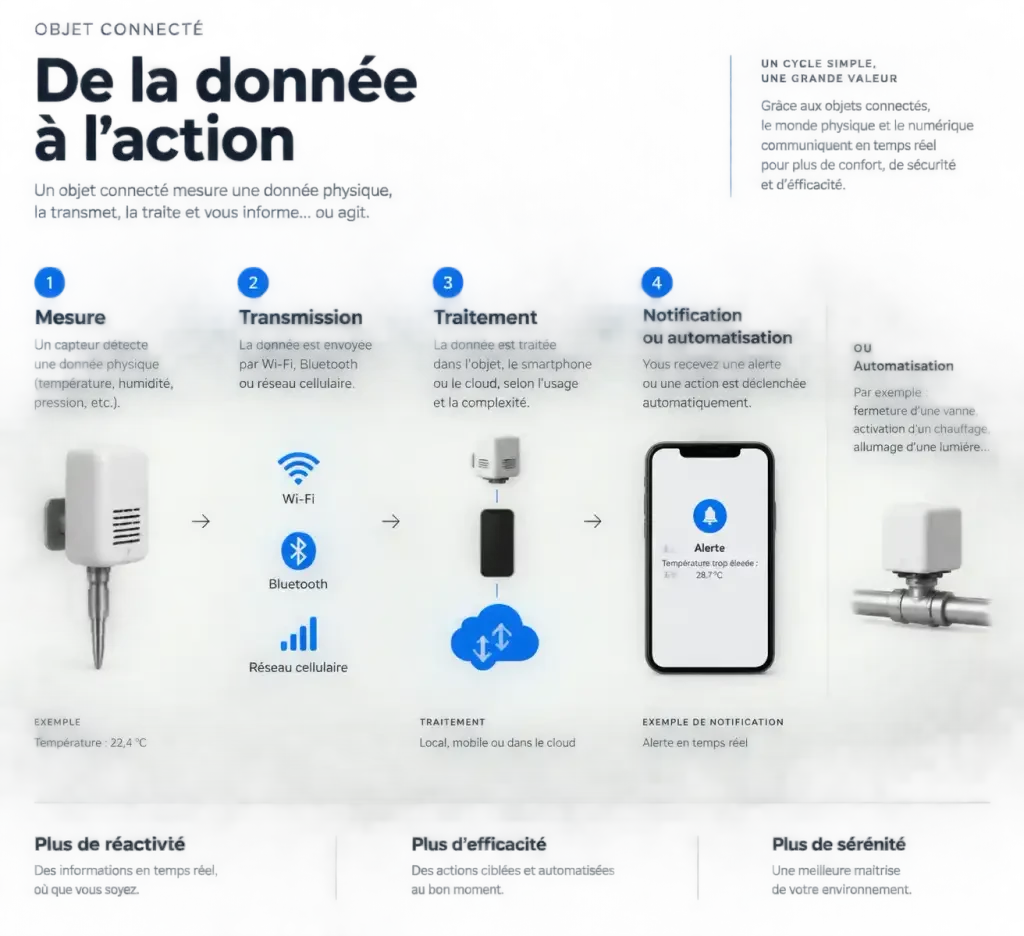 Objet connecté exemple : schéma du parcours des données entre capteur, réseau, application et cloud